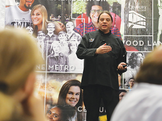 Lakota chef Sean Sherman, owner of catering service The Sioux Chef, speaks at Century College