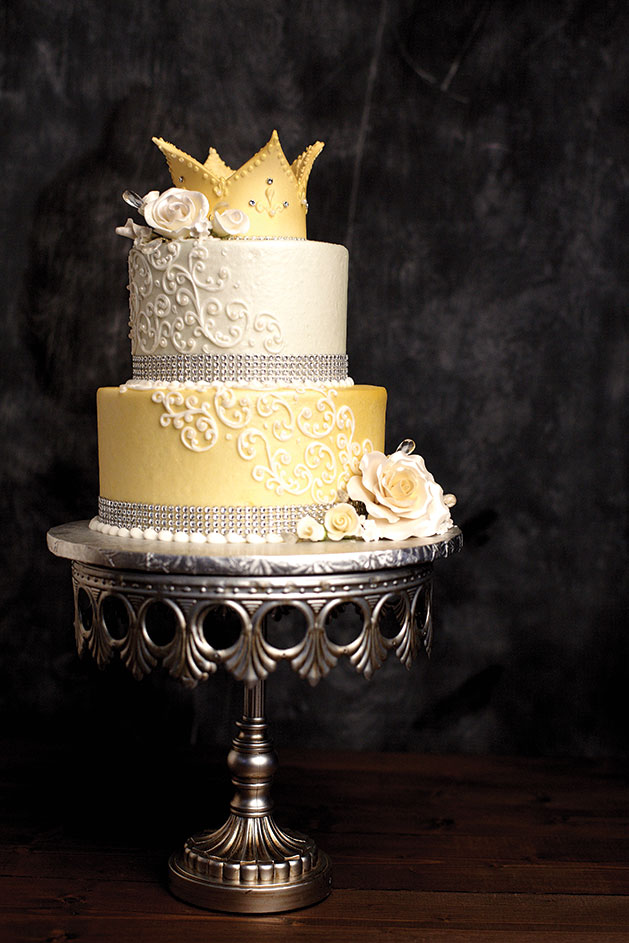 An embellished cake fit for royalty from the cake artists at Grandma's Bakery.