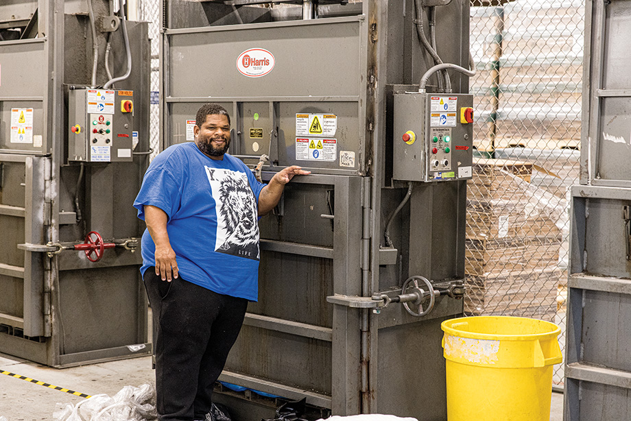 Leon, a Merrick client works a plastic baler. Each year, the nonprofit organization diverts more than 1 million pounds of plastic from incinerators in the Twin Cities.