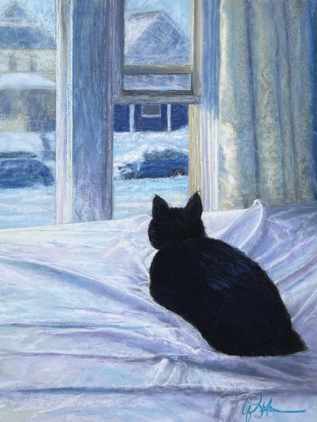 Pastel picture of a black cat looking out the window during winter.