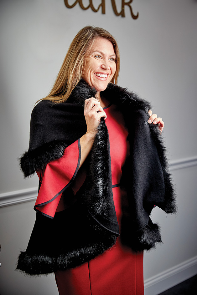 Rachel Gutierrez shows off a red dress and black shawl.