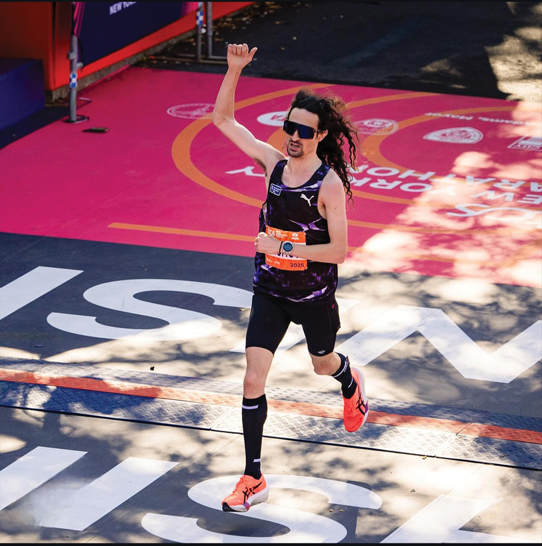 Joel Reichow crosses the finish line as the first American finisher at the TCS New York City Marathon in November 2025.