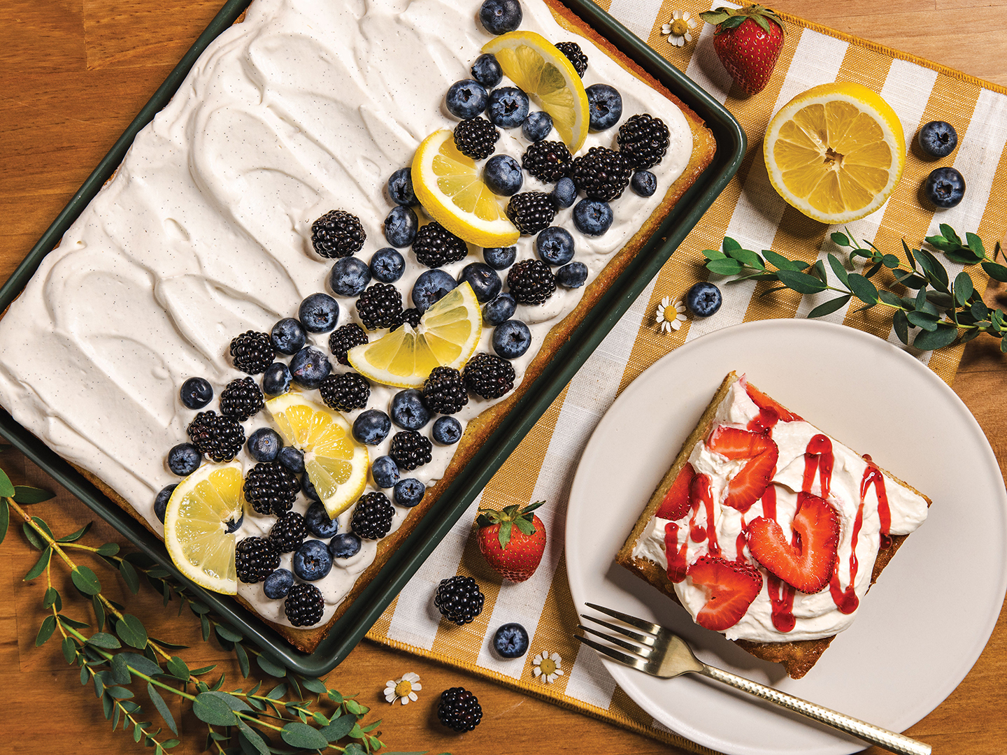 Sheet cakes topped with fresh berries