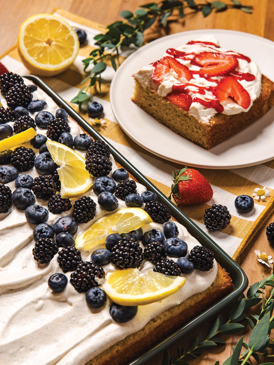 Sheet cakes topped with fresh berries